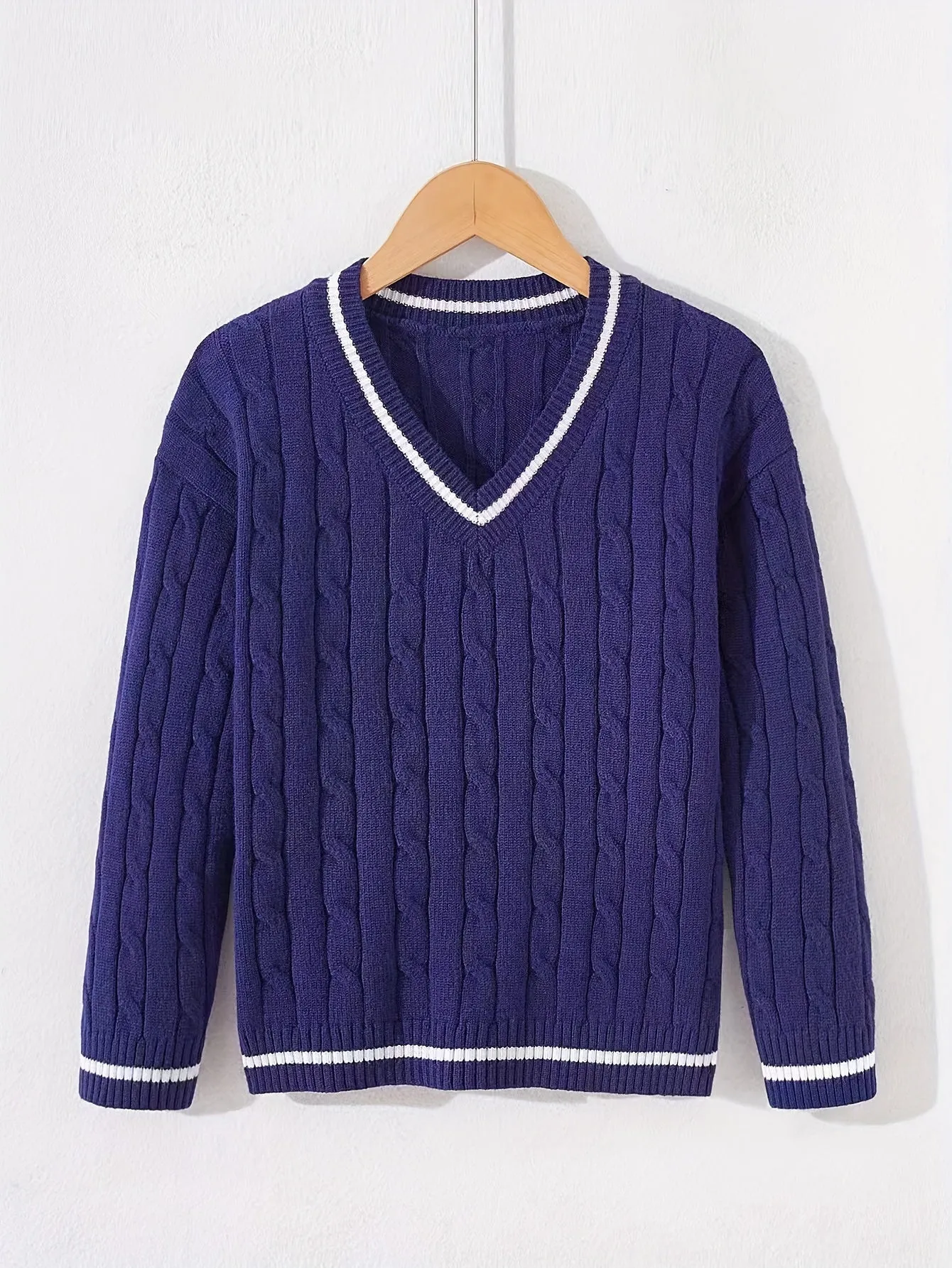 Kid's Preppy V-neck Sweater, Cable Knit, Long Sleeve, Casual, Spring/Fall/Winter