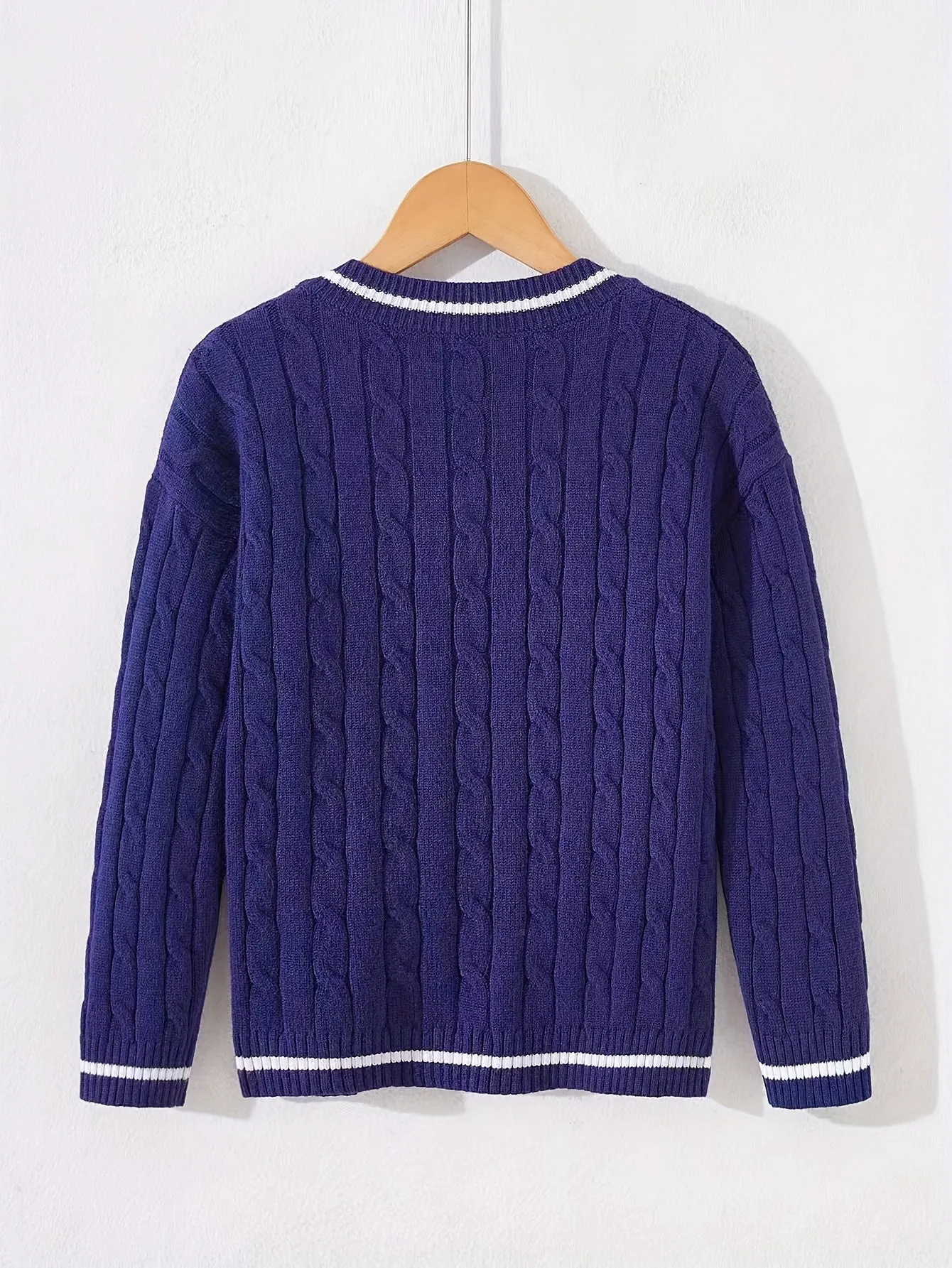 Kid's Preppy V-neck Sweater, Cable Knit, Long Sleeve, Casual, Spring/Fall/Winter