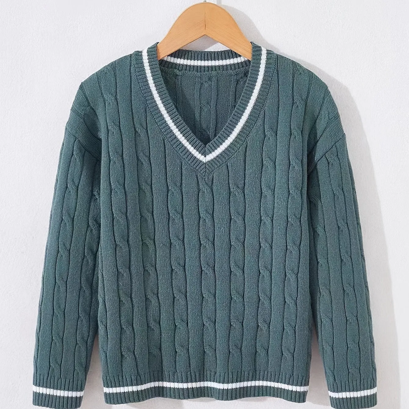 Kid's Preppy V-neck Sweater, Cable Knit, Long Sleeve, Casual, Spring/Fall/Winter