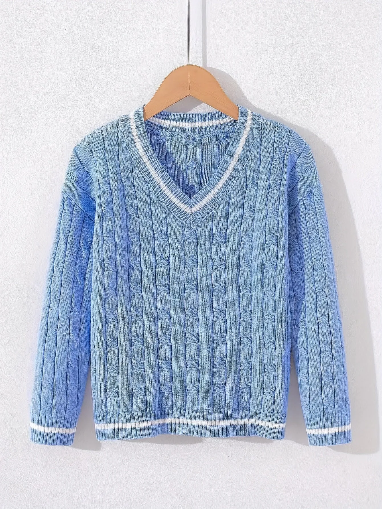 Kid's Preppy V-neck Sweater, Cable Knit, Long Sleeve, Casual, Spring/Fall/Winter