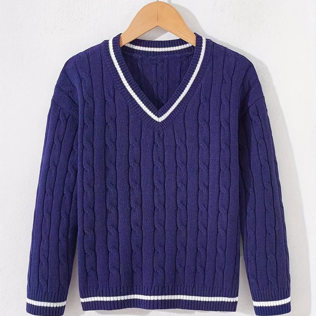 Kid's Preppy V-neck Sweater, Cable Knit, Long Sleeve, Casual, Spring/Fall/Winter