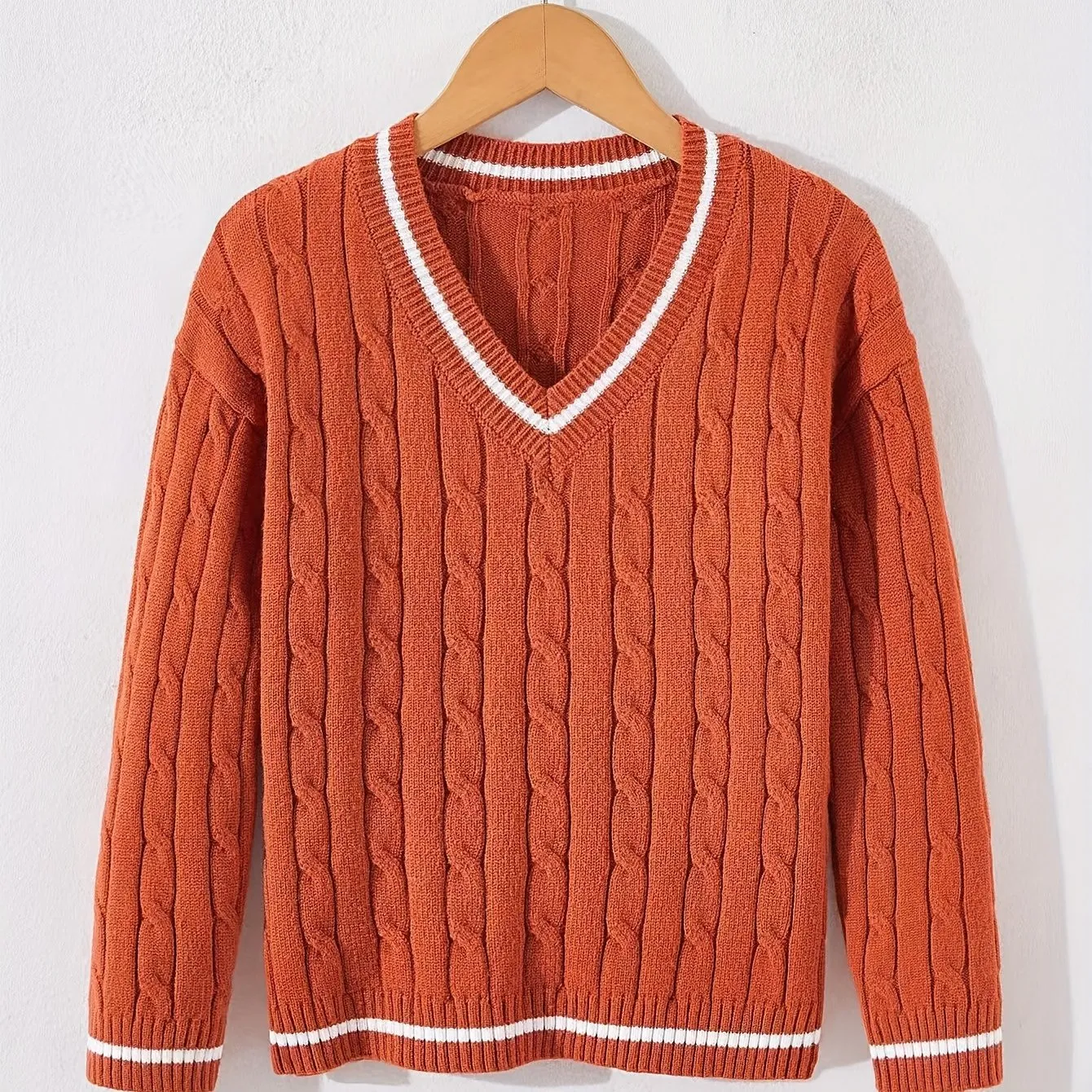 Kid's Preppy V-neck Sweater, Cable Knit, Long Sleeve, Casual, Spring/Fall/Winter