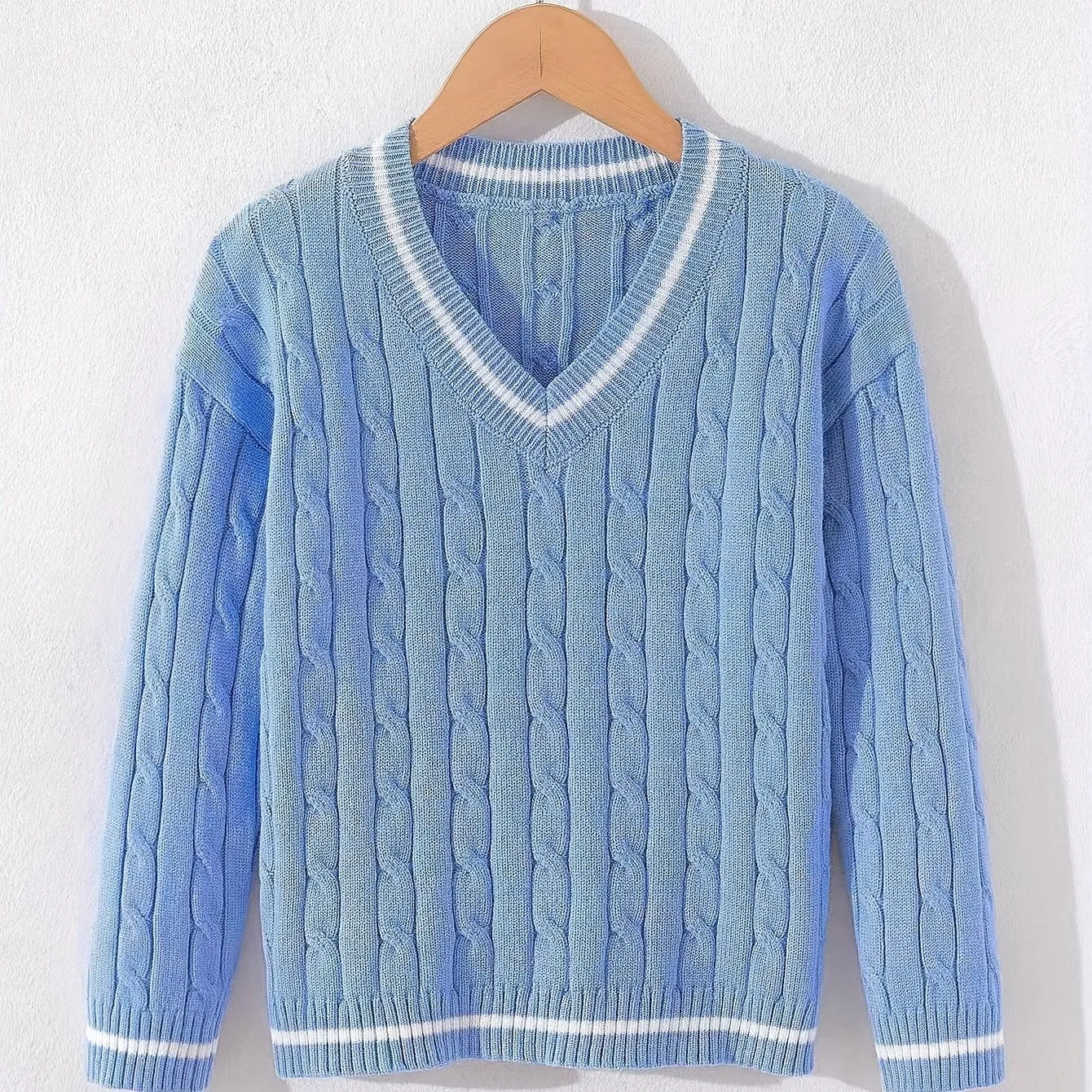 Kid's Preppy V-neck Sweater, Cable Knit, Long Sleeve, Casual, Spring/Fall/Winter