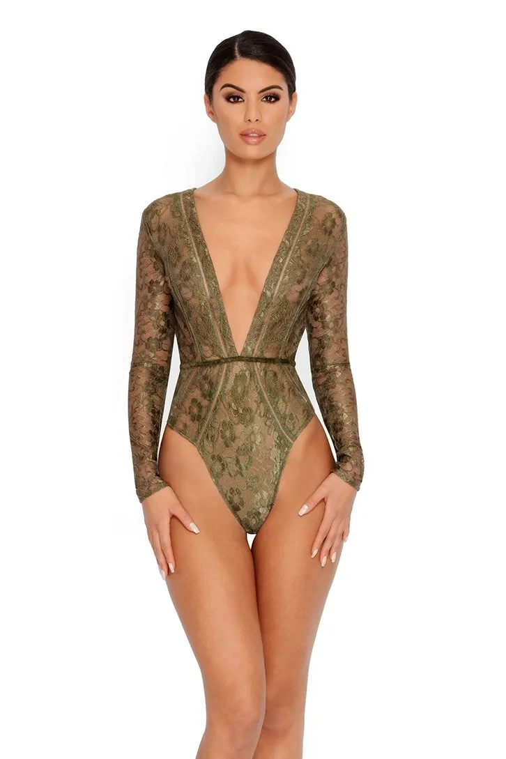 Lace Be Honest Long Sleeve Plunge Bodysuit in Khaki