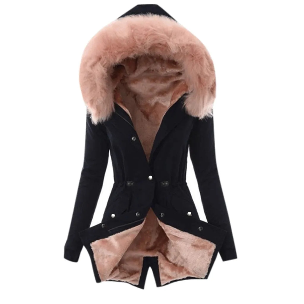 Ladies Fur Lining Coat Women Winter Warm Thick Long Jacket Hooded Overcoat