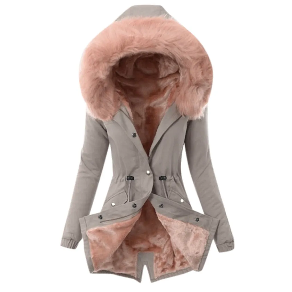 Ladies Fur Lining Coat Women Winter Warm Thick Long Jacket Hooded Overcoat