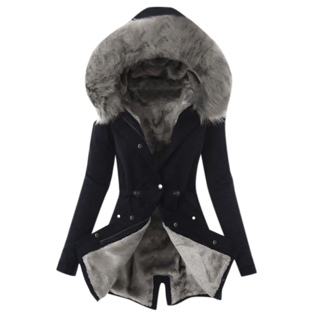 Ladies Fur Lining Coat Women Winter Warm Thick Long Jacket Hooded Overcoat