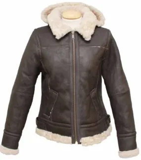 Ladies Jessie Hooded Leather Sheepskin Jacket - Dark Brown