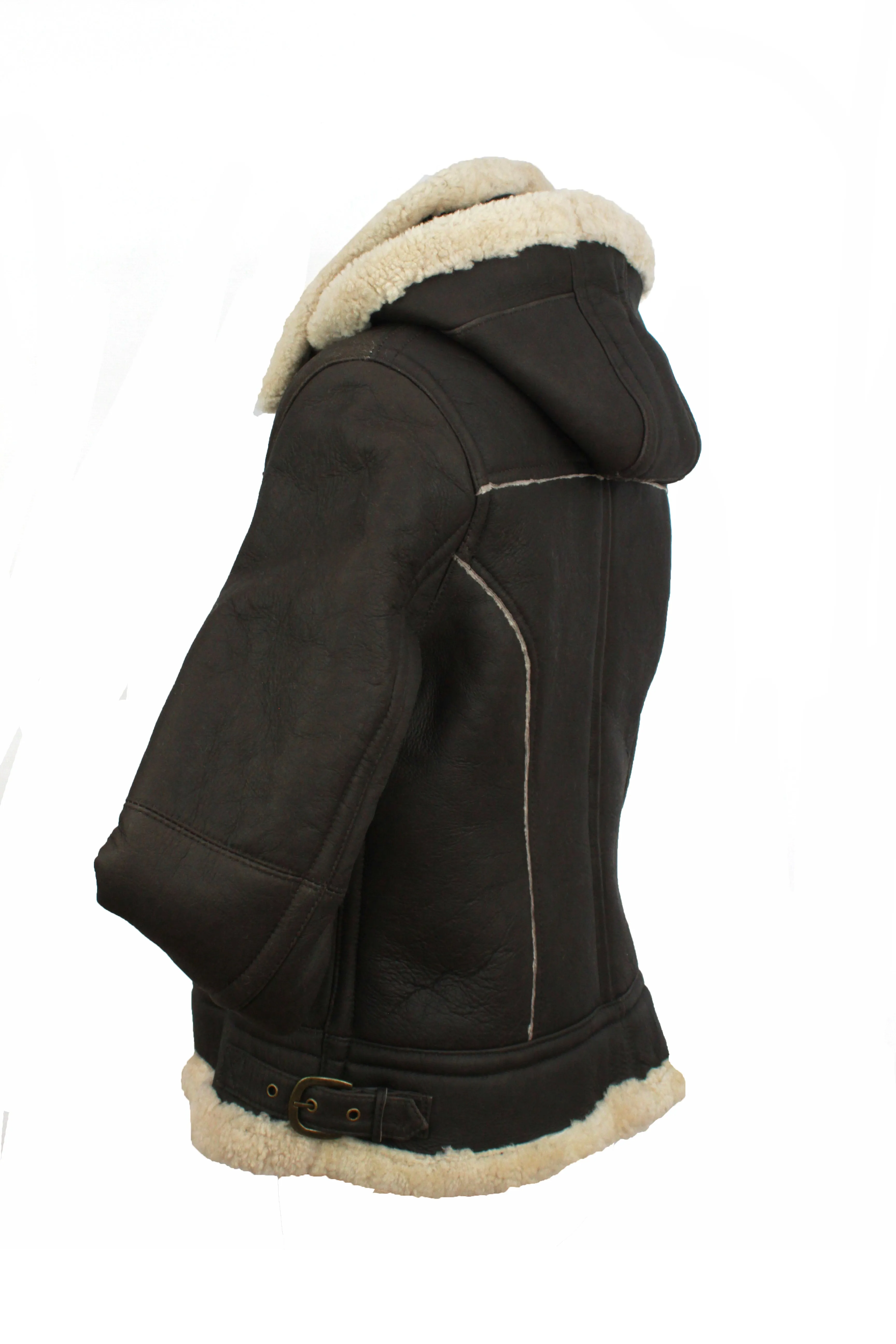 Ladies Jessie Hooded Leather Sheepskin Jacket - Dark Brown