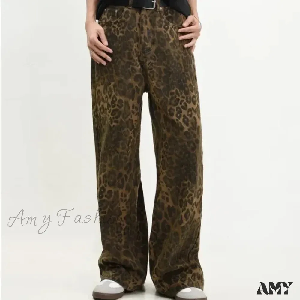 Leopard Print Retro Straight Tube Baggy Fashion Y2K New Winter Jeans