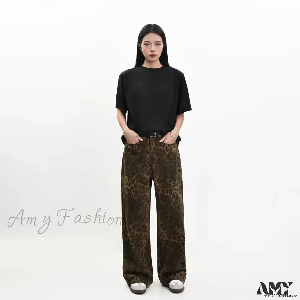 Leopard Print Retro Straight Tube Baggy Fashion Y2K New Winter Jeans