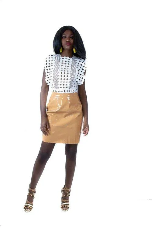 Limited edition pattern latter glossy pu leather nude short skirt  Bino