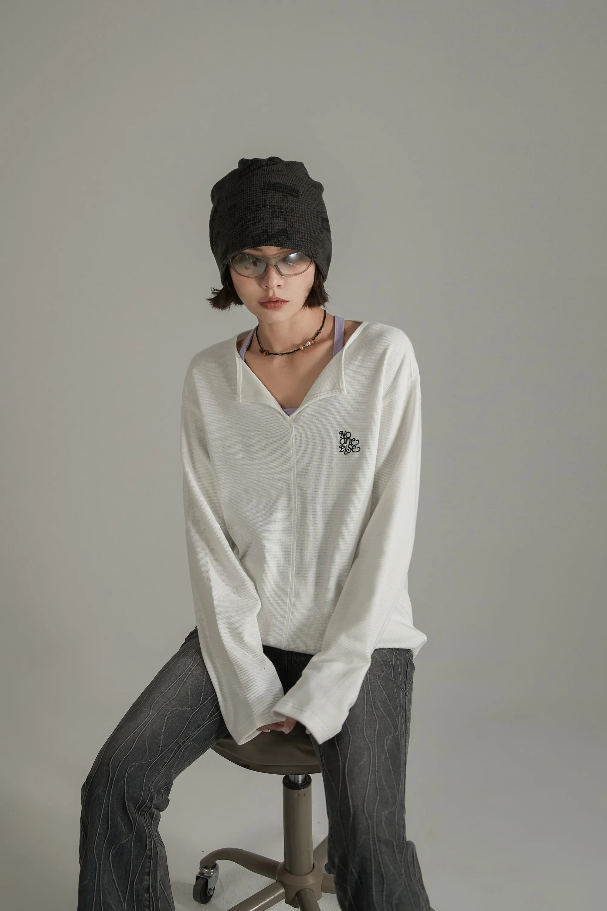 Logo Basic Open Collar Long Sleeve T-Shirt