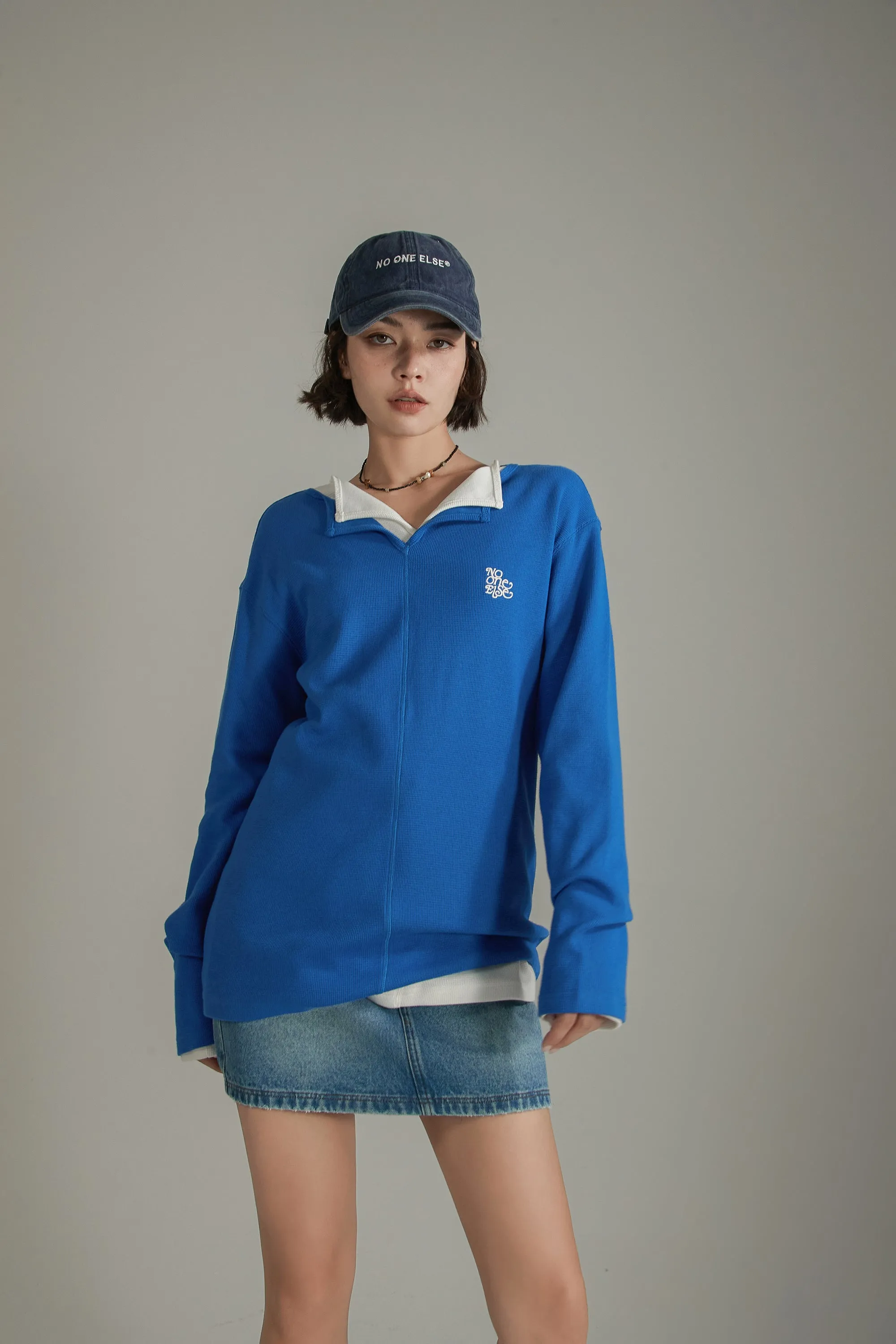 Logo Basic Open Collar Long Sleeve T-Shirt