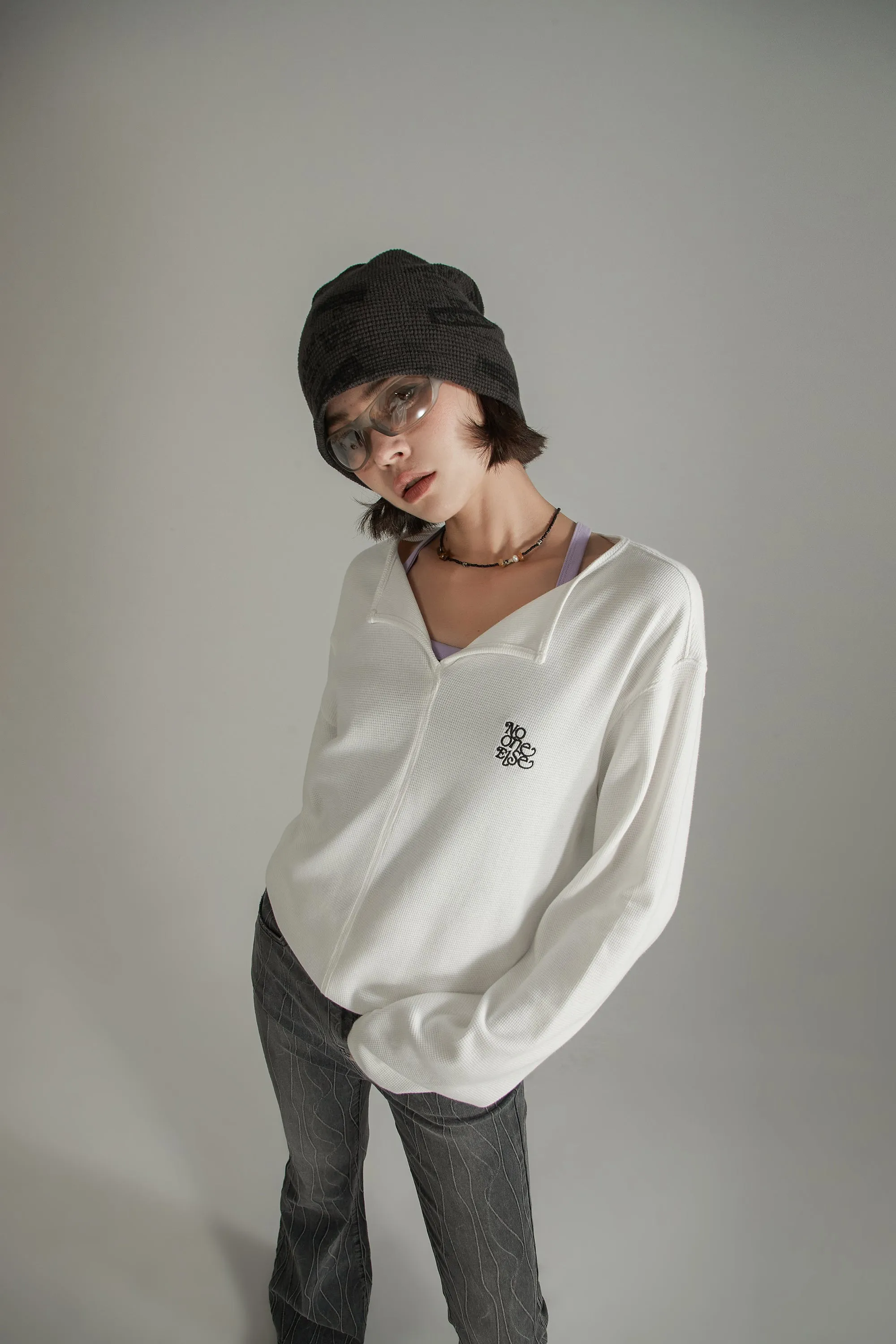 Logo Basic Open Collar Long Sleeve T-Shirt