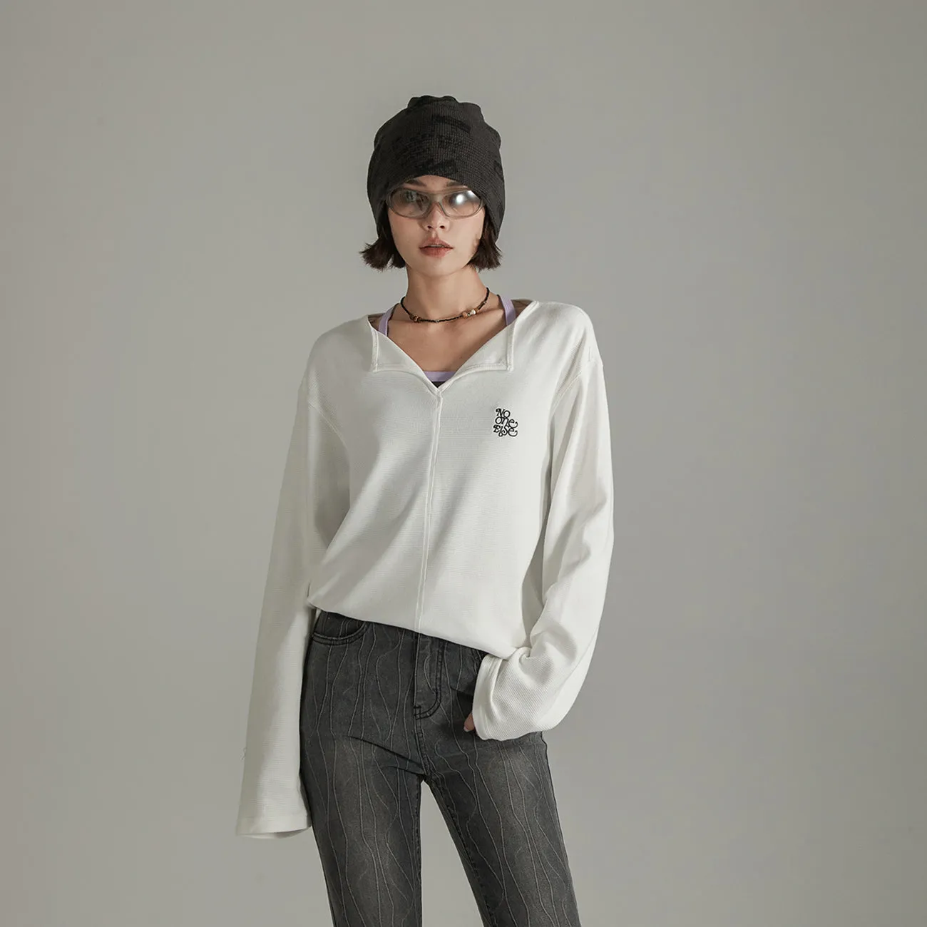 Logo Basic Open Collar Long Sleeve T-Shirt