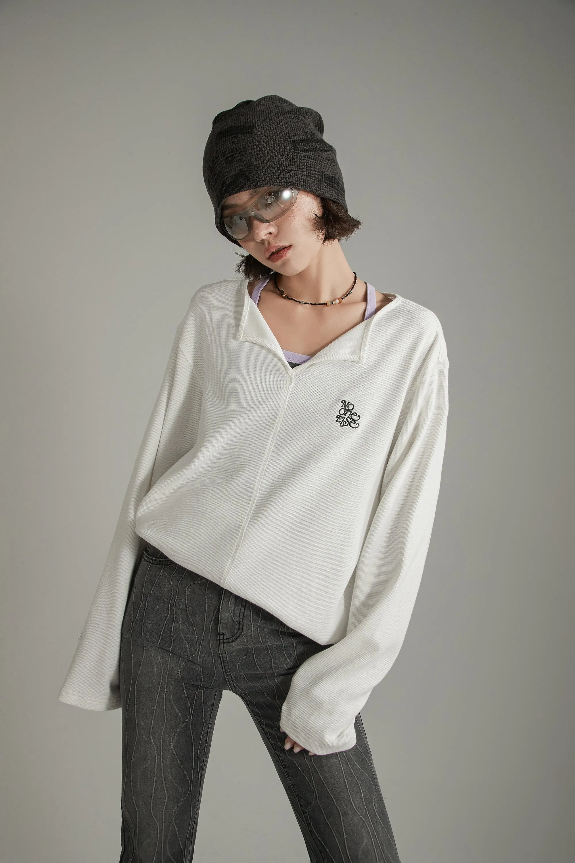 Logo Basic Open Collar Long Sleeve T-Shirt