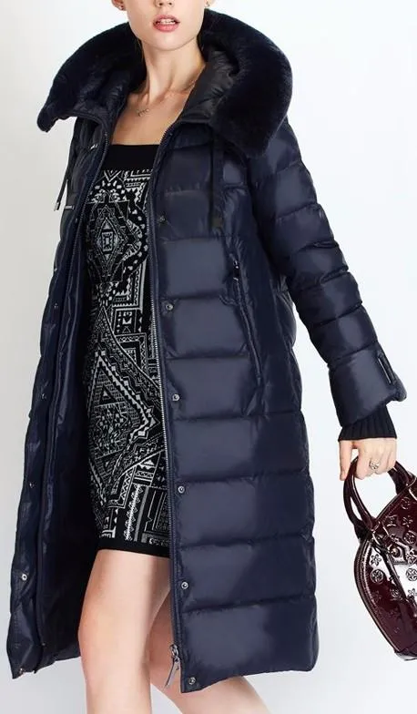 Long Puffer Coat with Rabbit Fur Hood in Dark Blue