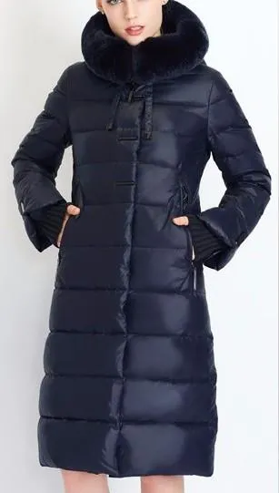 Long Puffer Coat with Rabbit Fur Hood in Dark Blue