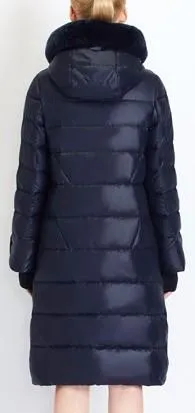 Long Puffer Coat with Rabbit Fur Hood in Dark Blue