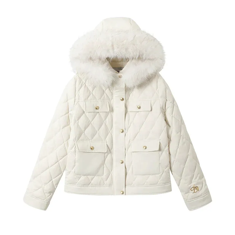 Luxe Quilted Puffer Jacket: Winter White with Faux Fur Hood Trim and Gold Logo Detail