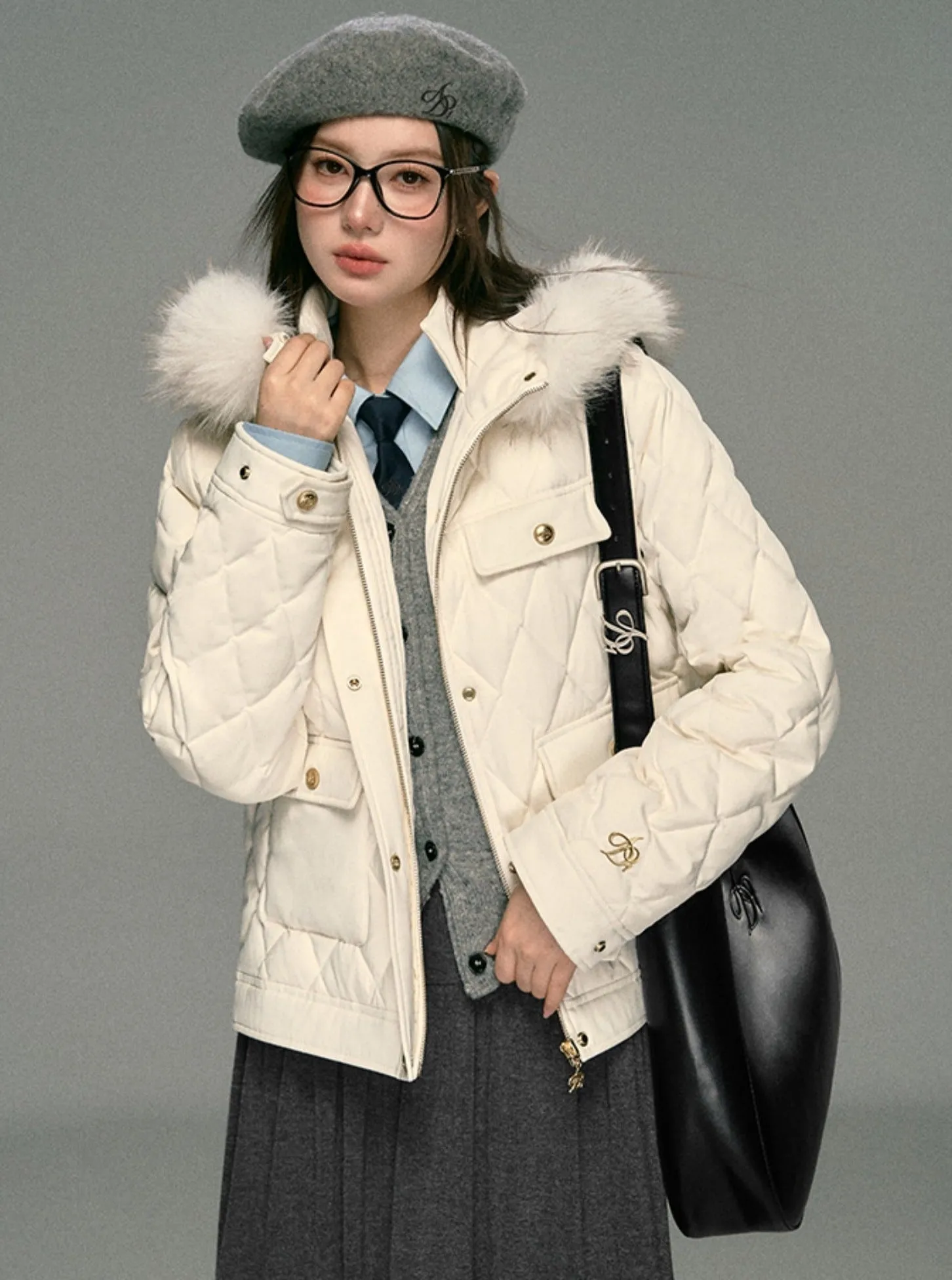 Luxe Quilted Puffer Jacket: Winter White with Faux Fur Hood Trim and Gold Logo Detail