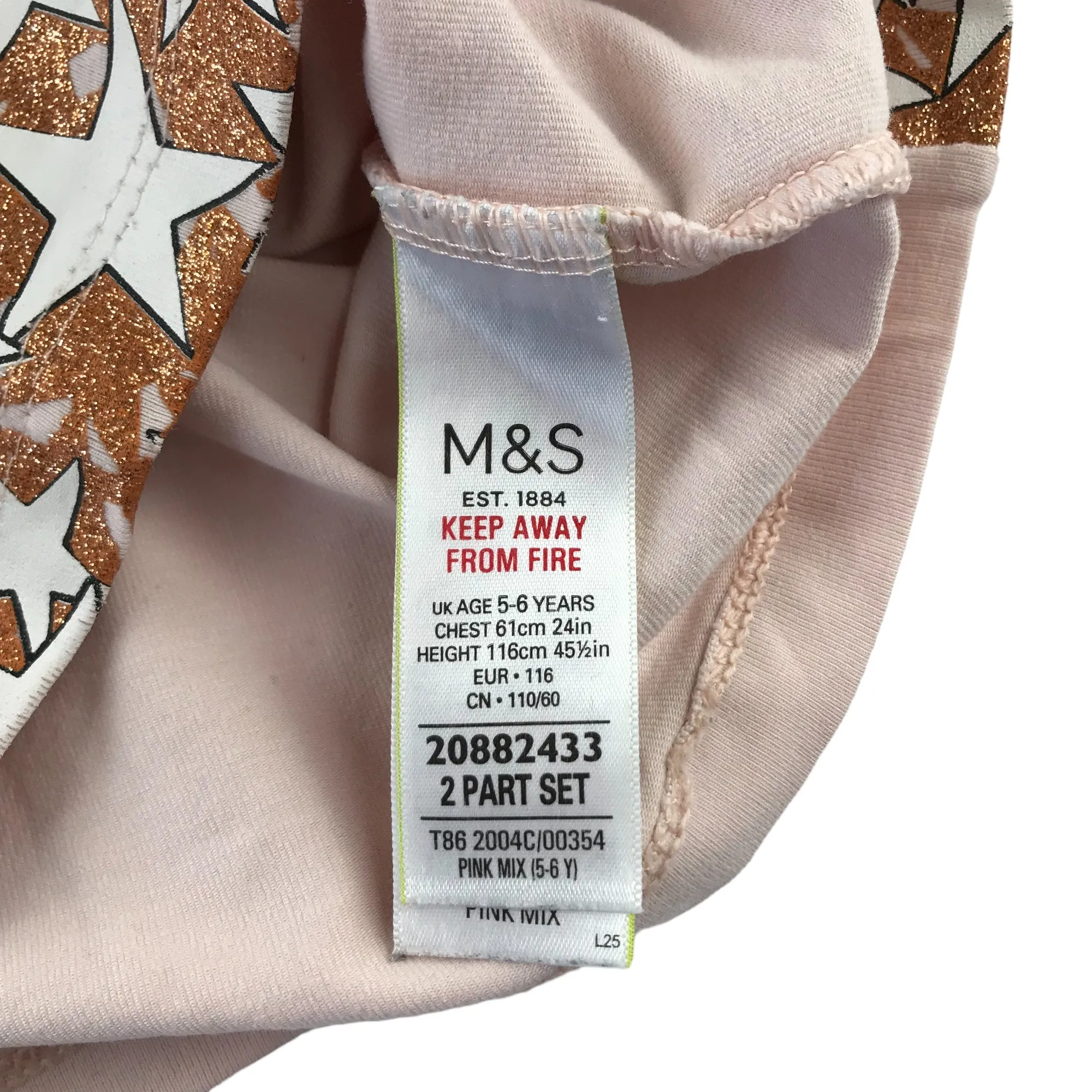 M&S t-shirt 5-6 years light pink long sleeve glittery teddy bear