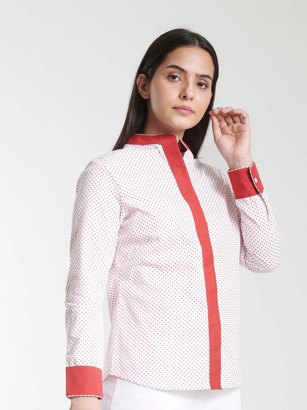 Mandarin Collar Women Cotton Top White and Red