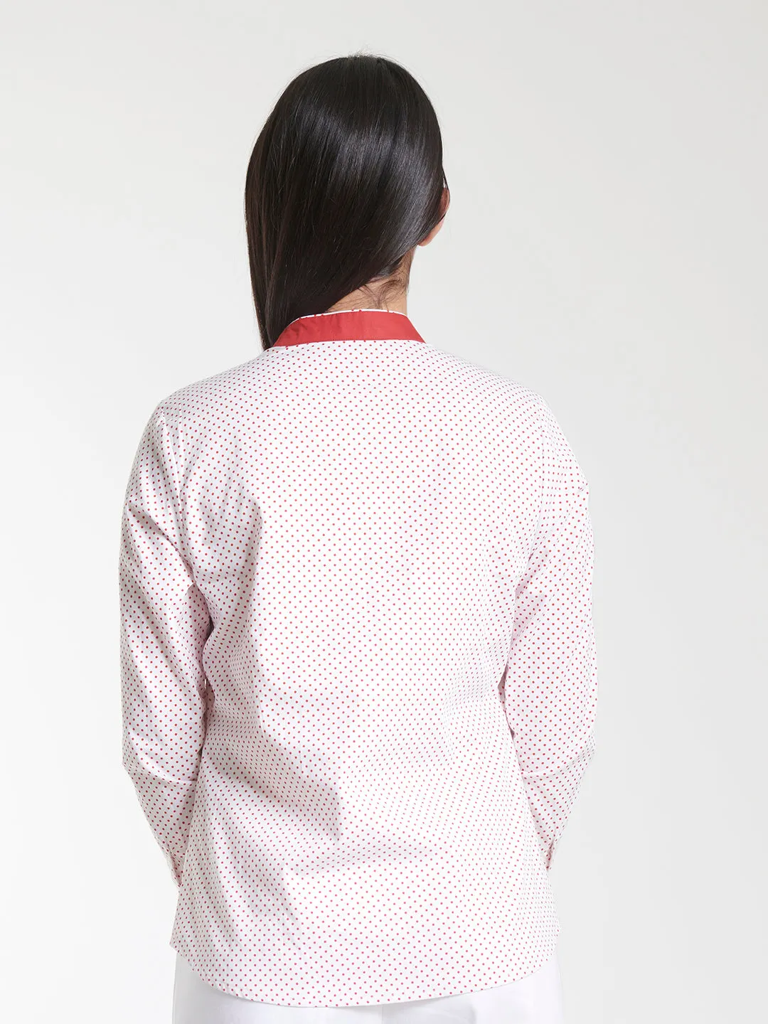 Mandarin Collar Women Cotton Top White and Red