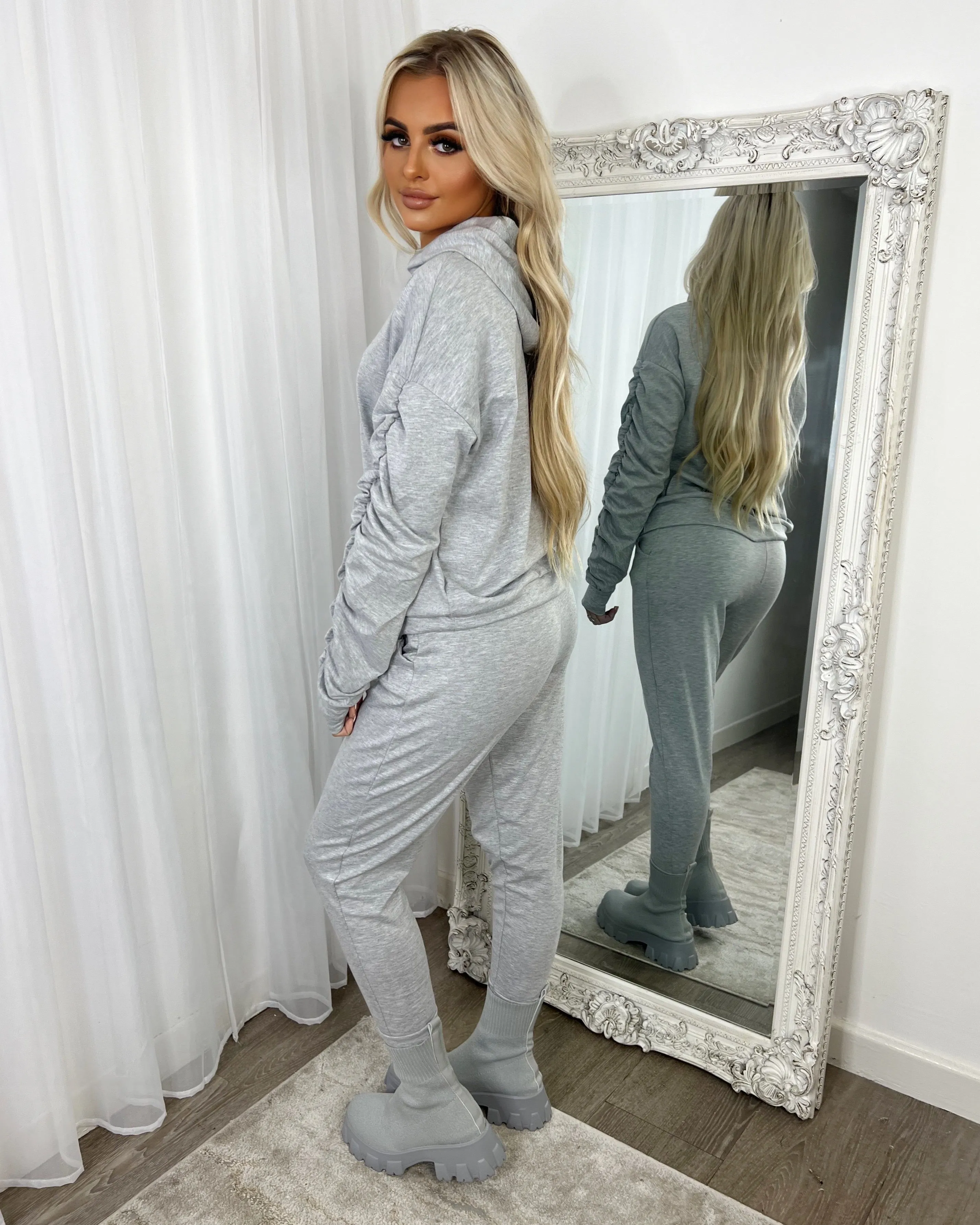 Martina Ruched Sleeve Hoodie & Pants Set - Grey