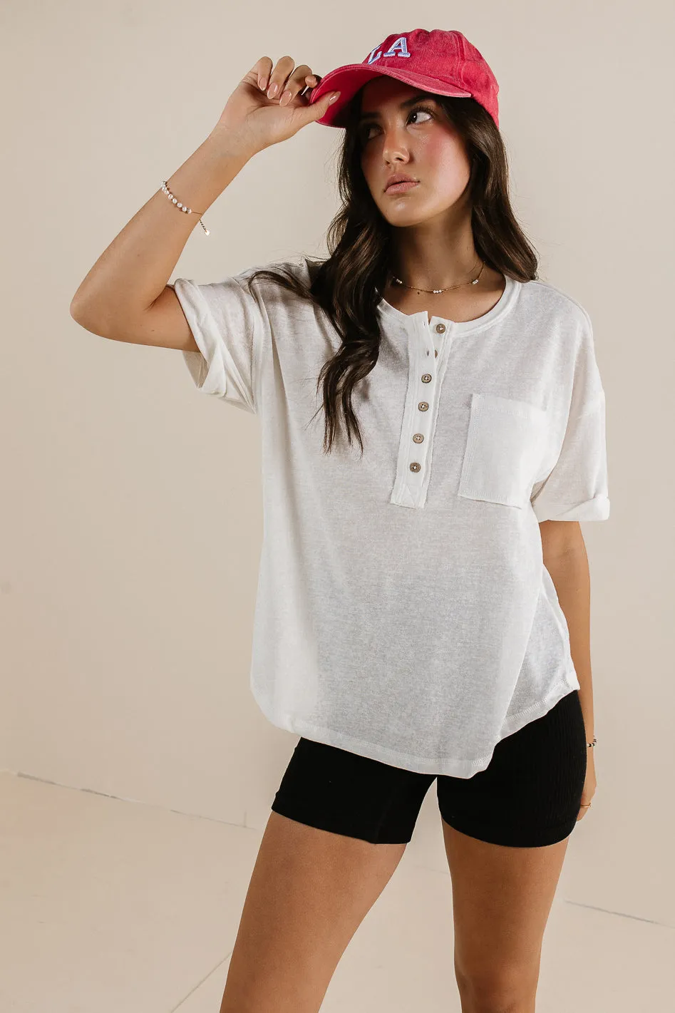 Mazzy Henley Knit Top in White - FINAL SALE