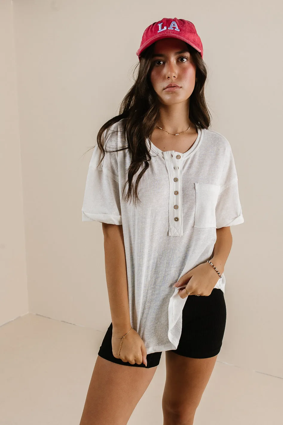 Mazzy Henley Knit Top in White - FINAL SALE