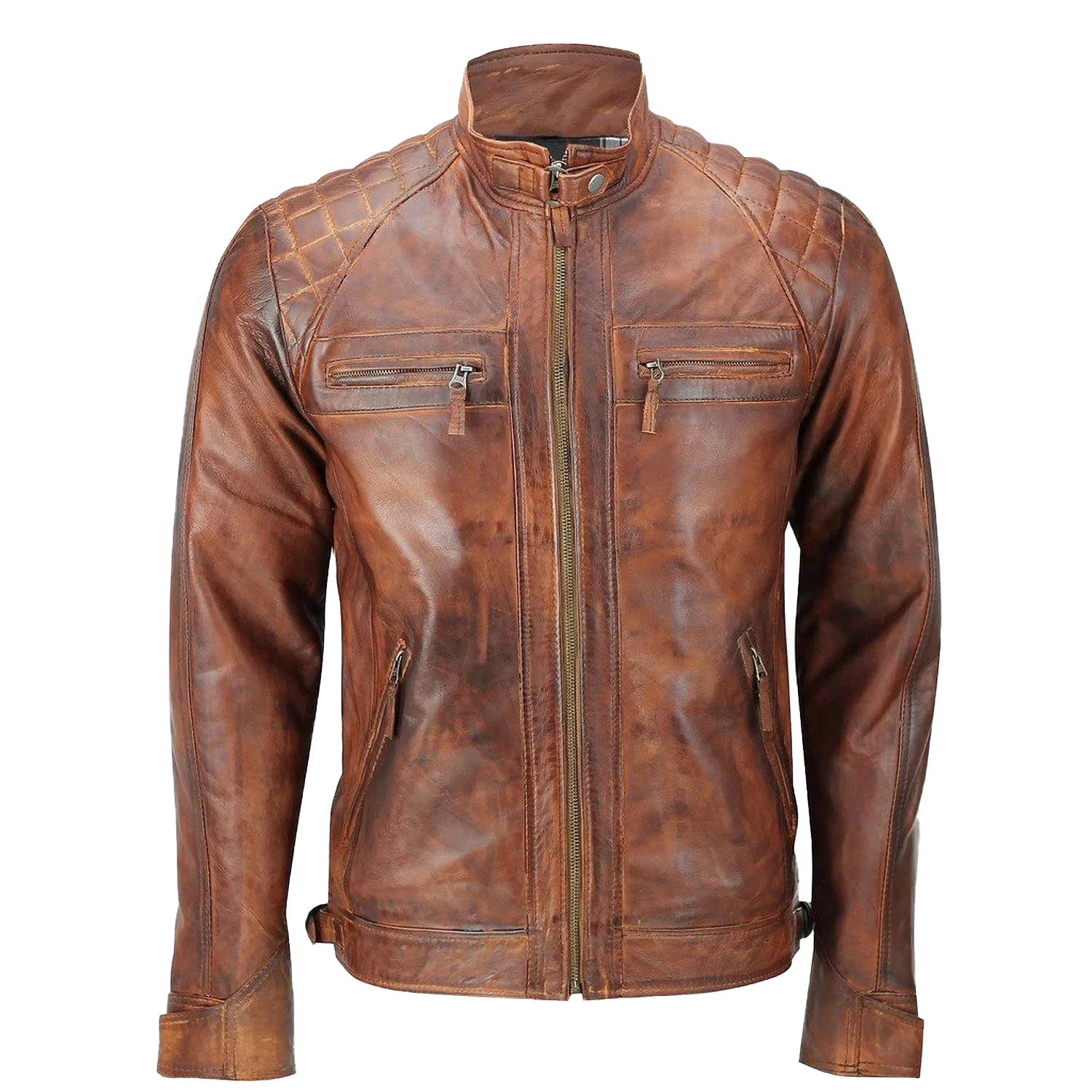 Men's Biker Quilted Vintage Distressed Brown Moto Cafe Racer Leather Jacket | Men's Biker Quilted Vintage Brown Moto Cafe Leather Jacket