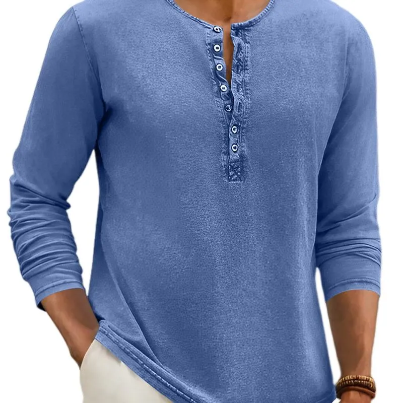 Men's Casual Distressed Henley Collar Slim Fit Long Sleeve T-Shirt 43086906M