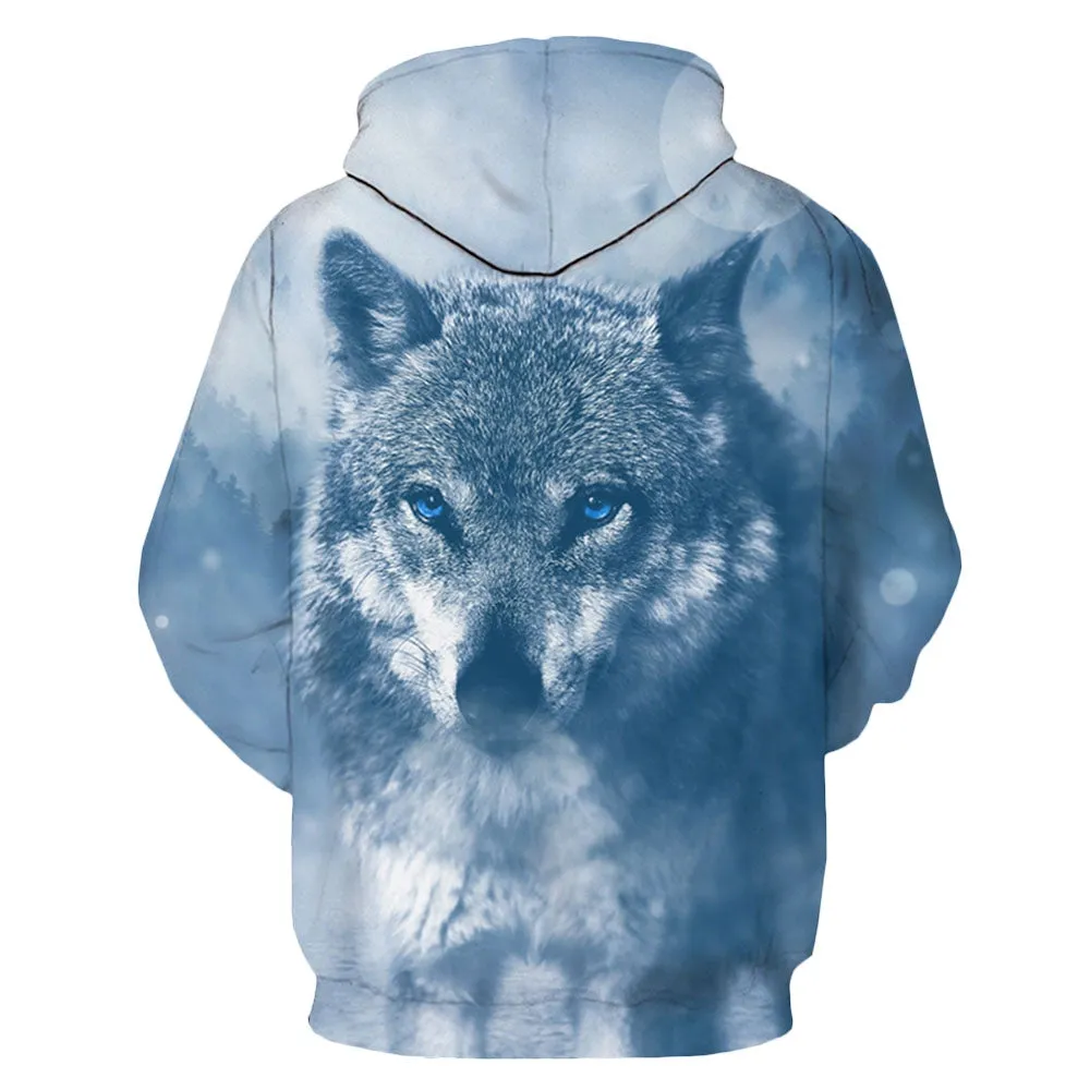 Men's Hooded 3D Wolf Print Pullover Drawstring Hoodie