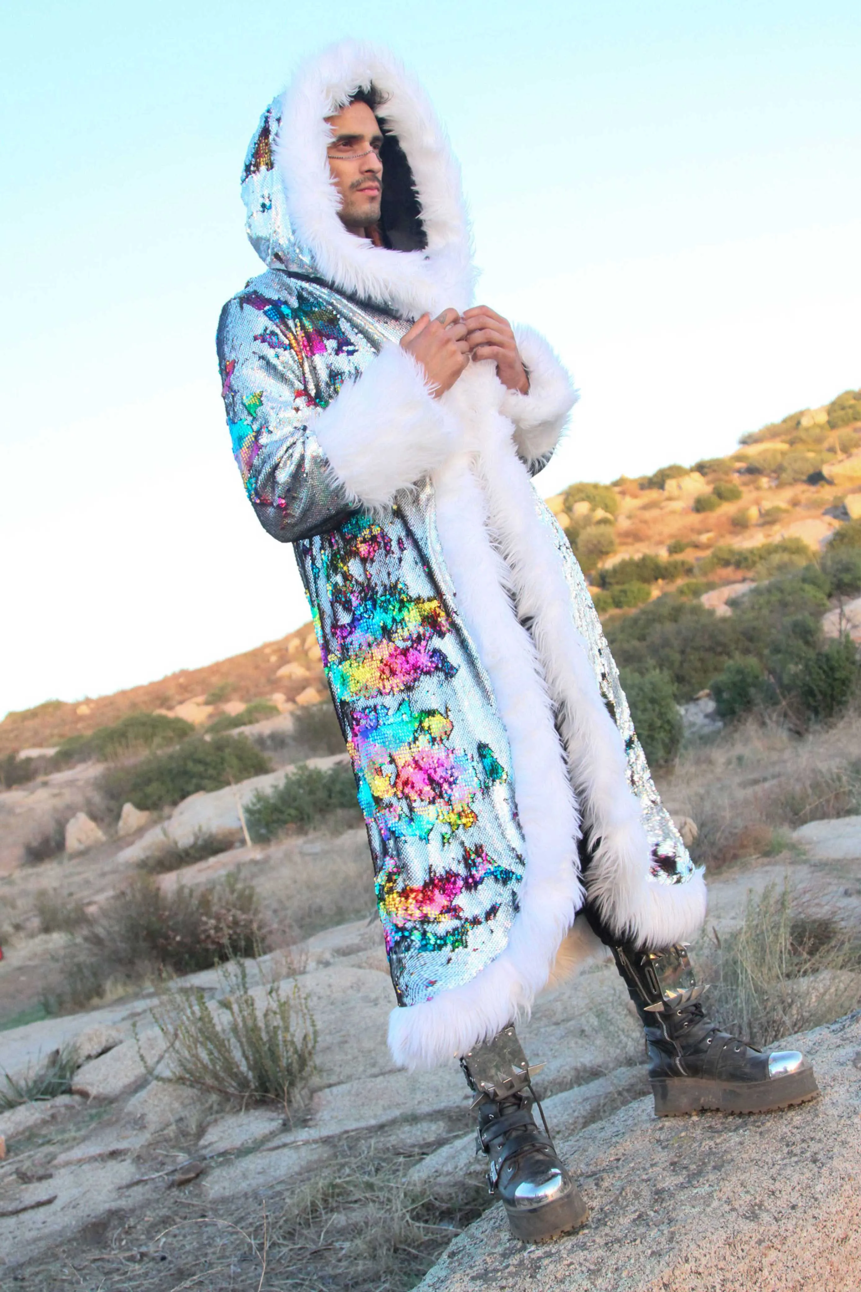 Men's Sequin King Coat in "Silver Hologram-Rainbow"