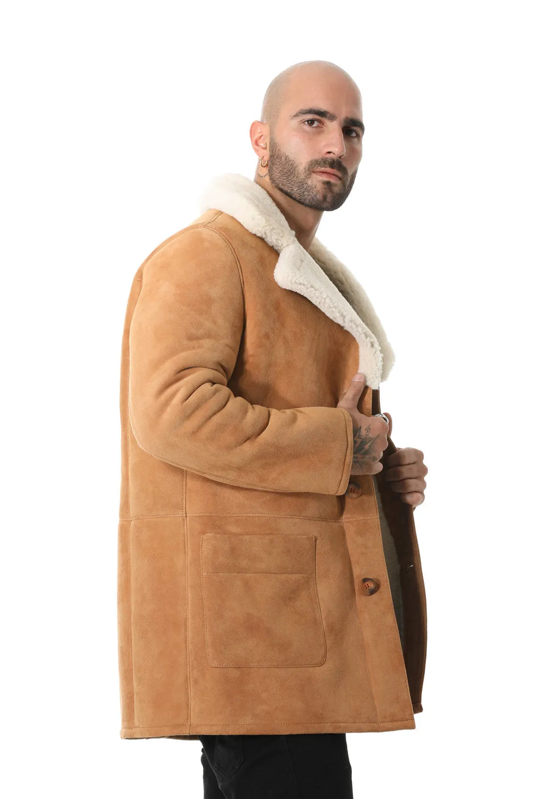 Men's Sheepskin Trench Coat, Tan Suede with White Curly Wool