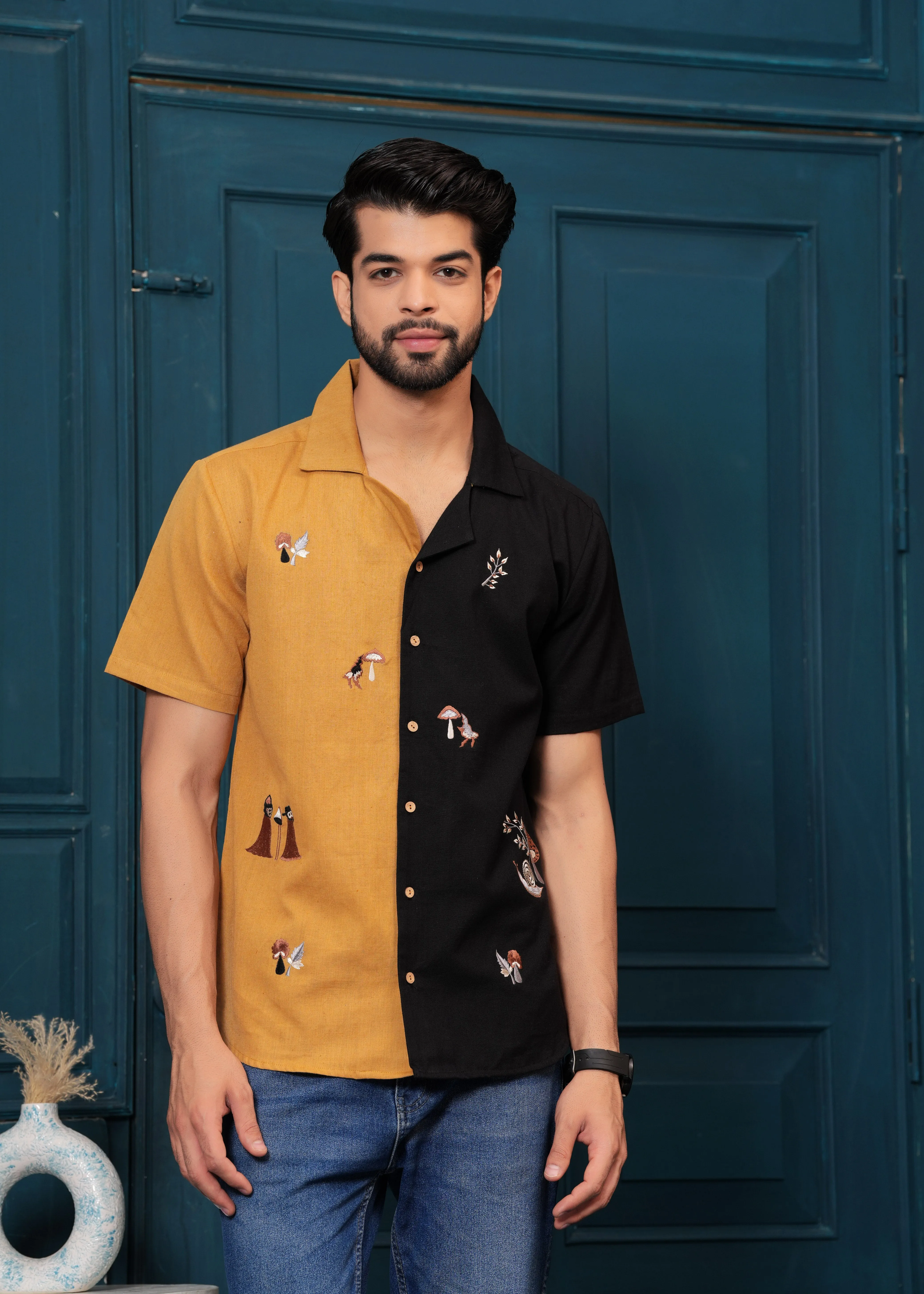 Musterd and Black Self Design Embroiderd Spread Collor Shirt