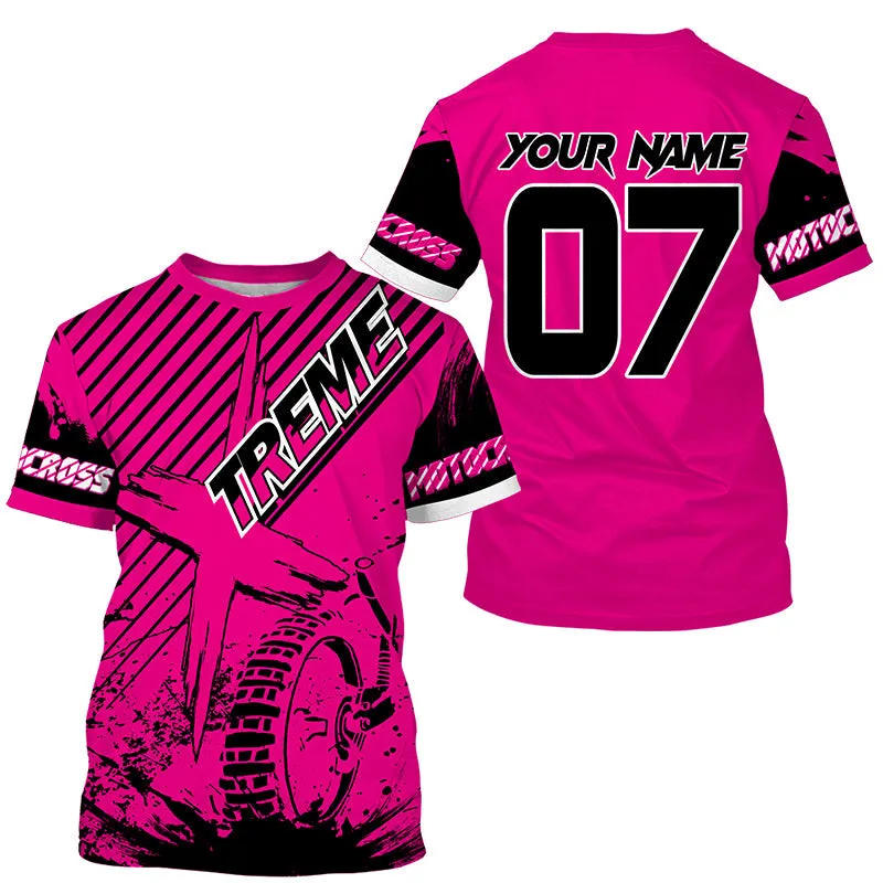 Personalized Pink MX Extreme Motocross Biker Girl Racing 3D Long Sleeve Shirt Motorcycle