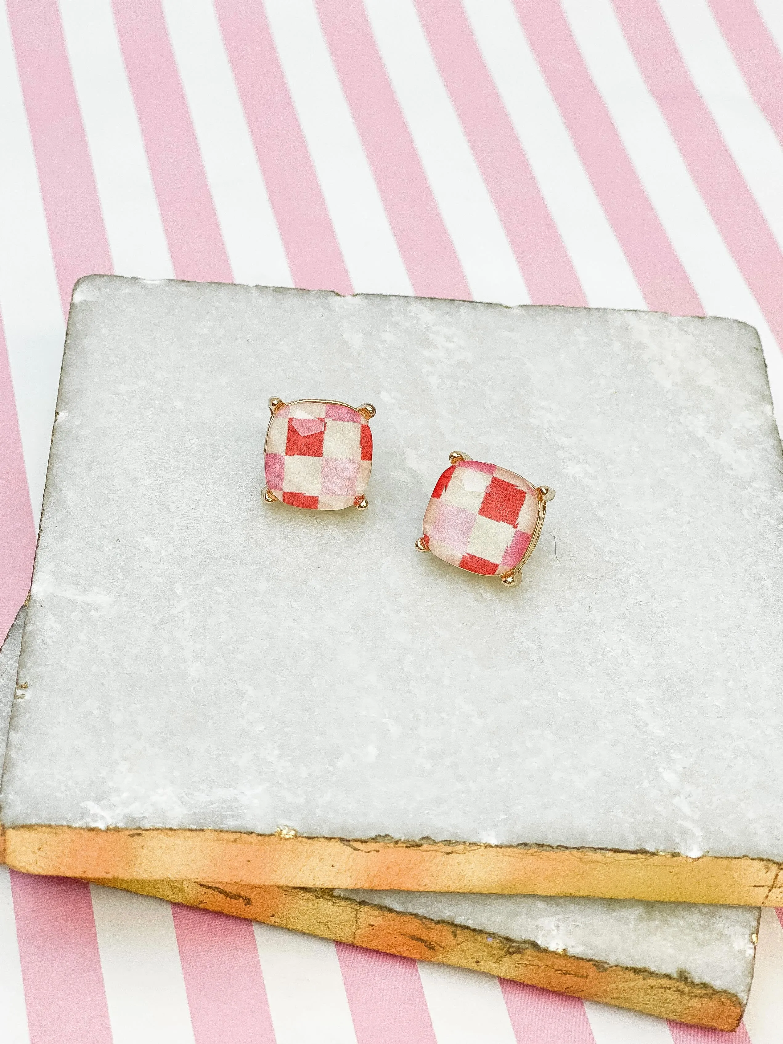 Pink Check Printed Glass Stud Earrings