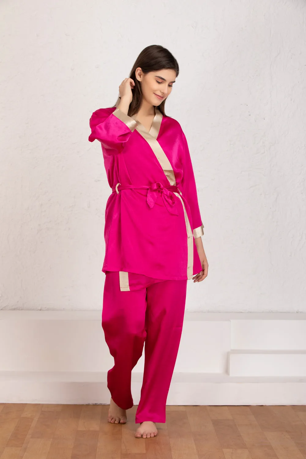 Pink satin Night suit with robe