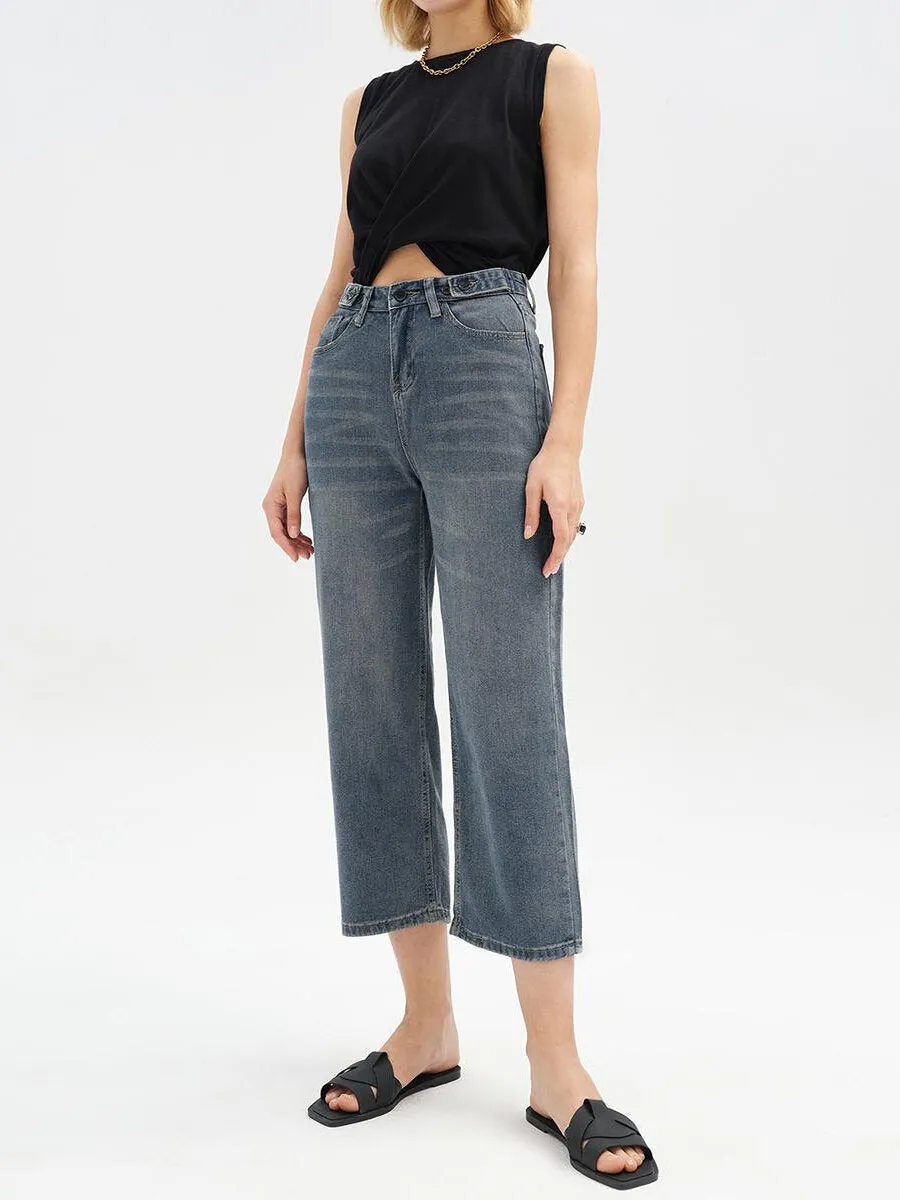 Pocket High Waist Wide Leg Cropped Jeans