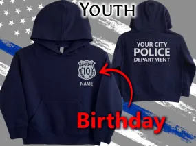 Police Birthday Youth Sized Hoodie in Navy with Badge, Age and Personalized Name - Optional Police Department on Back