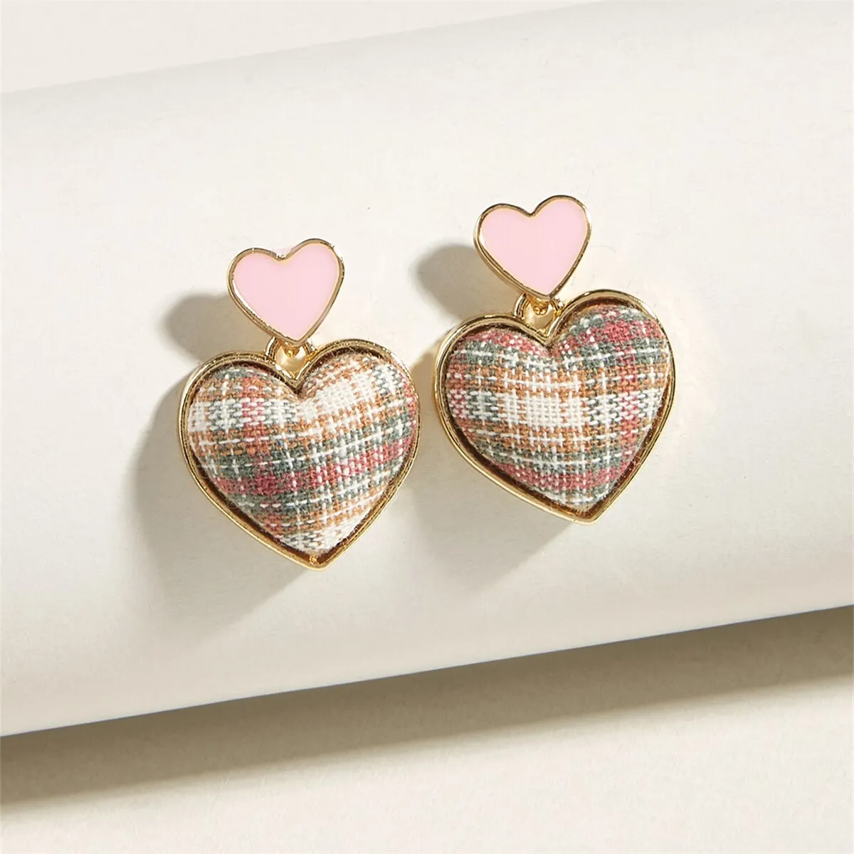 Preppy Love Fabric Grid Plaid Studs Heart Earrings