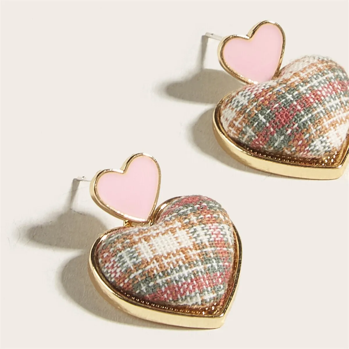 Preppy Love Fabric Grid Plaid Studs Heart Earrings