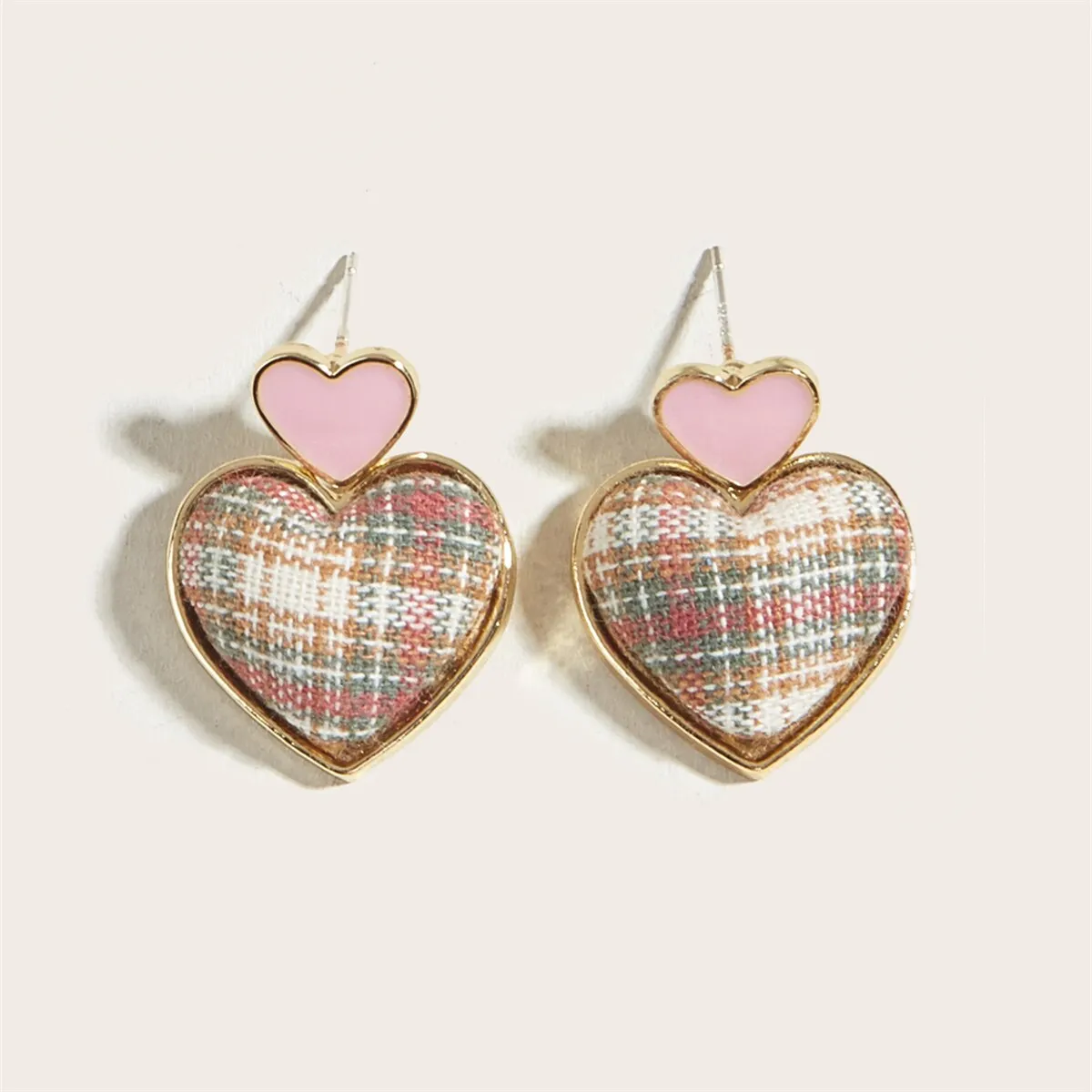 Preppy Love Fabric Grid Plaid Studs Heart Earrings