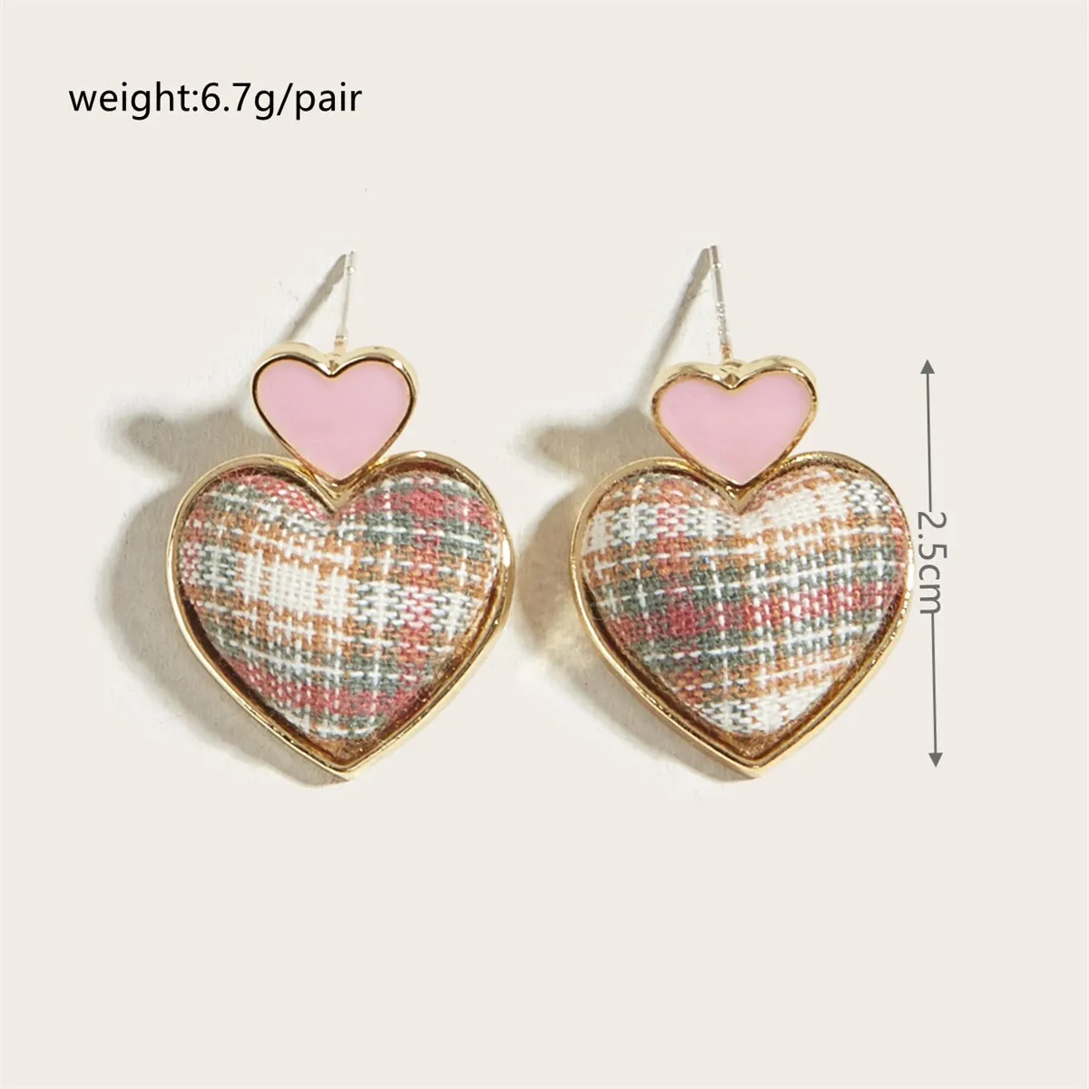 Preppy Love Fabric Grid Plaid Studs Heart Earrings