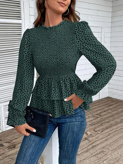 Printed Round Neck Smocked Flounce Sleeve T-Shirt