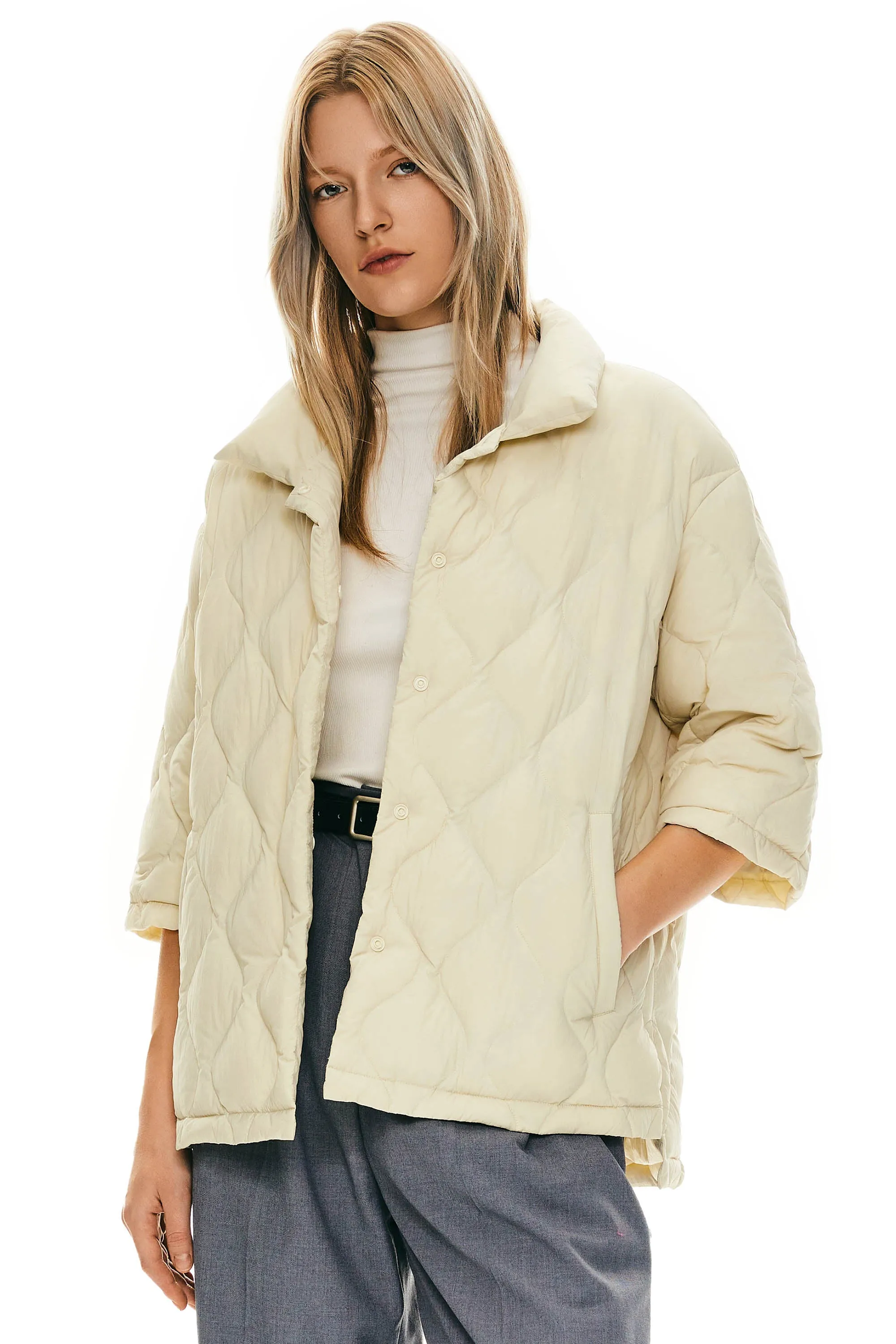 Puffer Jacket Three-quarter Sleeves Lightweight Oversized