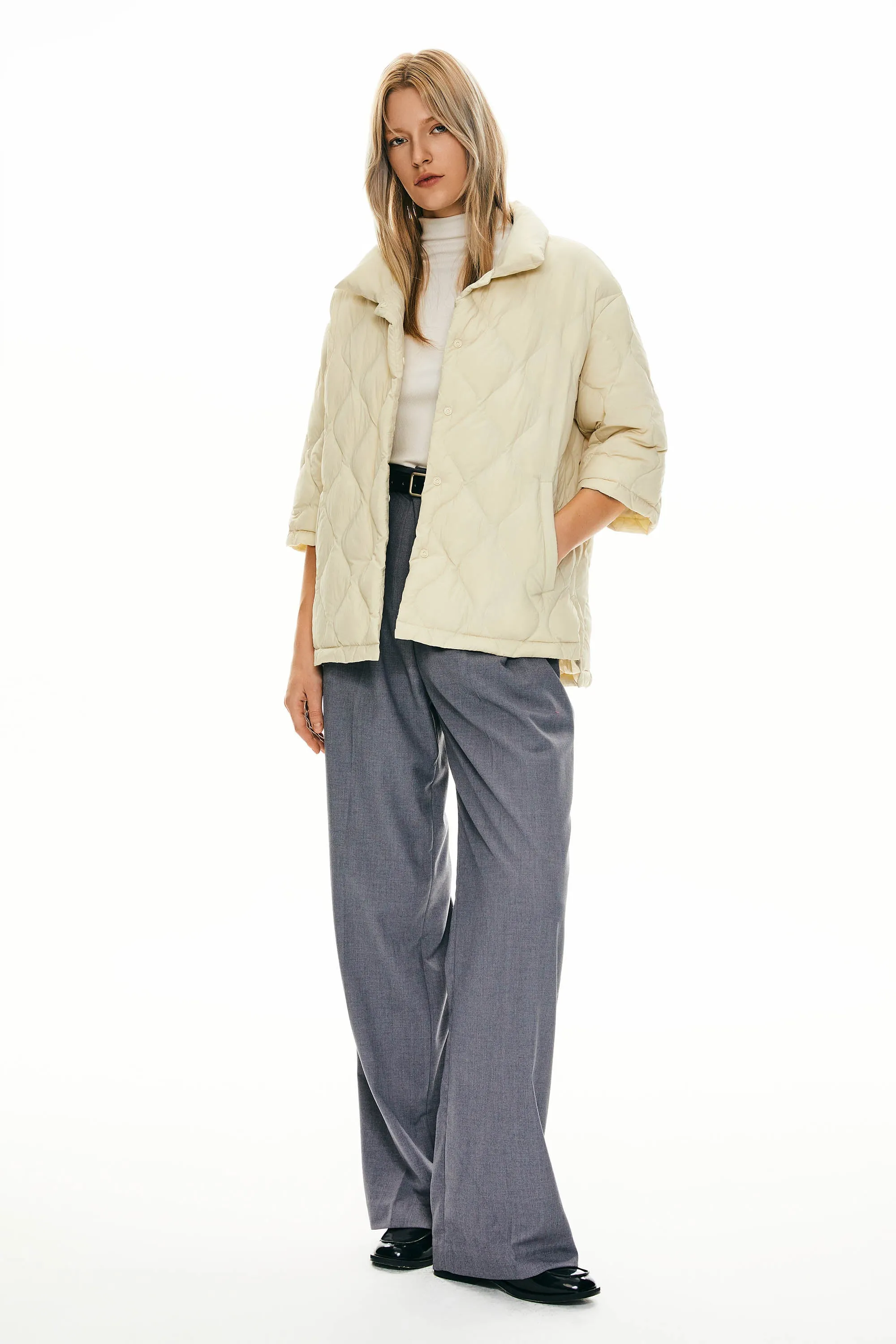 Puffer Jacket Three-quarter Sleeves Lightweight Oversized